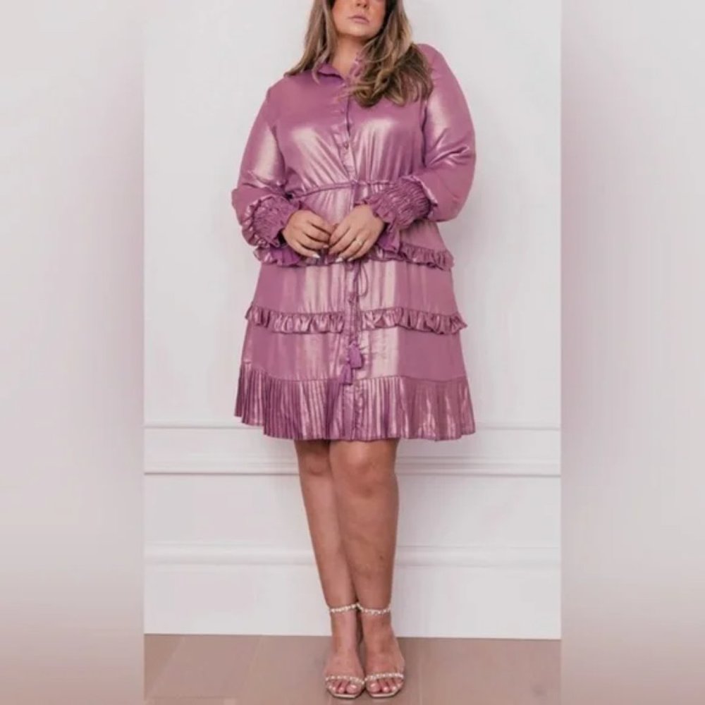 JessaKae Shimmery Pink Long Sleeve Ruffle Tiered Dress - Picture 5 of 5